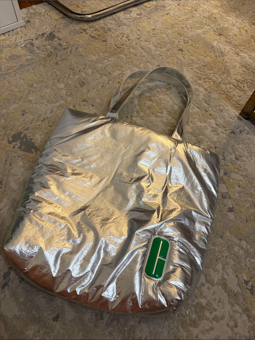 Silver Metallic Tote Bag with Green Accent